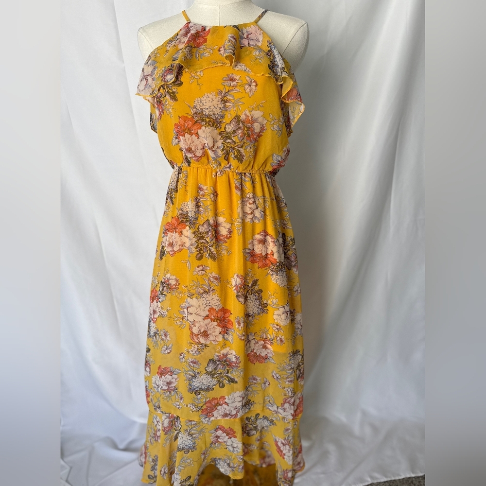 As U Wish Mustard Floral Ruffle Boho Hi Low Dress Small